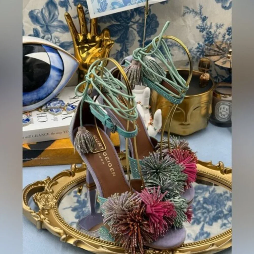 🆕 KURT GEIGER LONDON 🧿 NWOB Lilac & Teal Pom Pom Tie Ankle Heel, Sz 36 US 6 - Picture 6 of 15